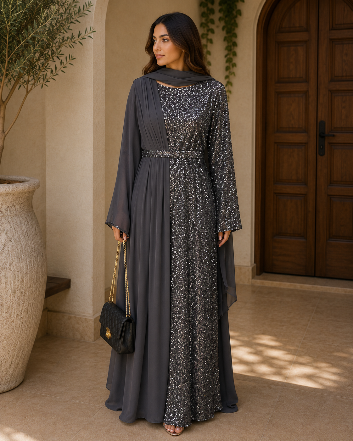 charcoal-sequin-panel-evening-abaya