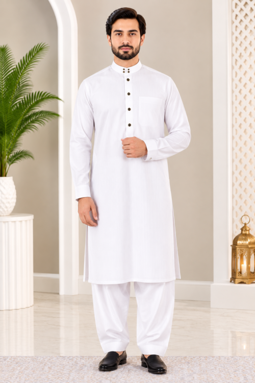 Classic White Band Collar Kameez