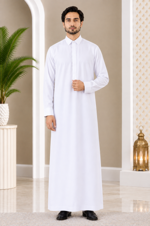 White Classic Collar Half Button Thobe Set