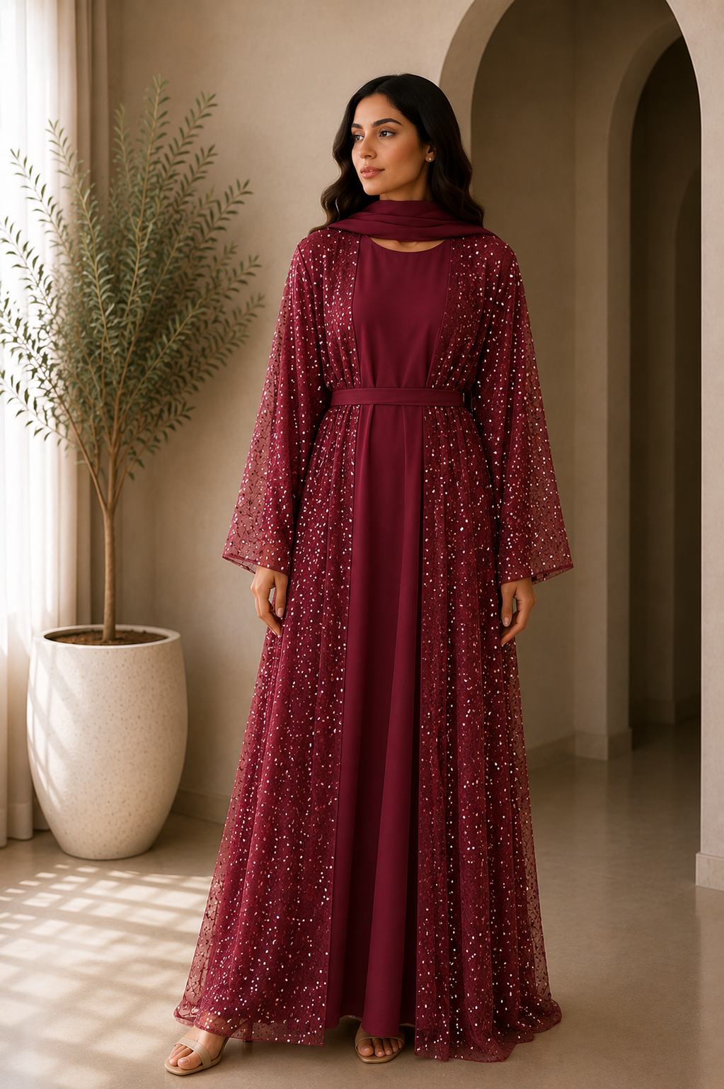 maroon-shimmer-belted-two-piece