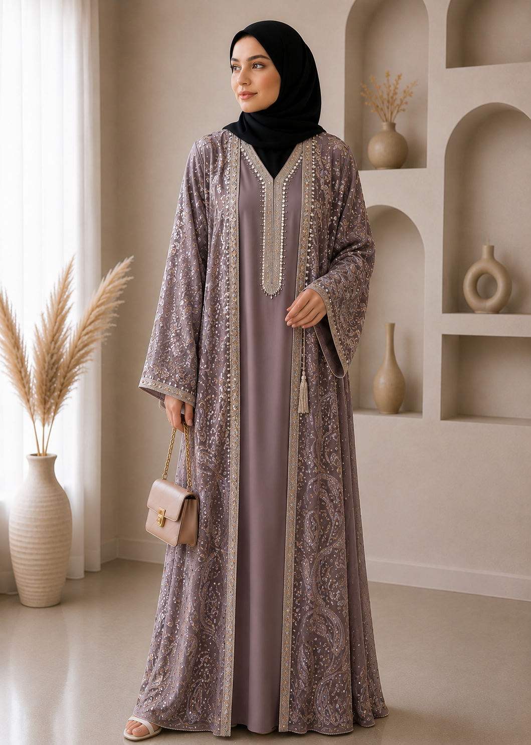 mauve-sequin-tassel-gown-set