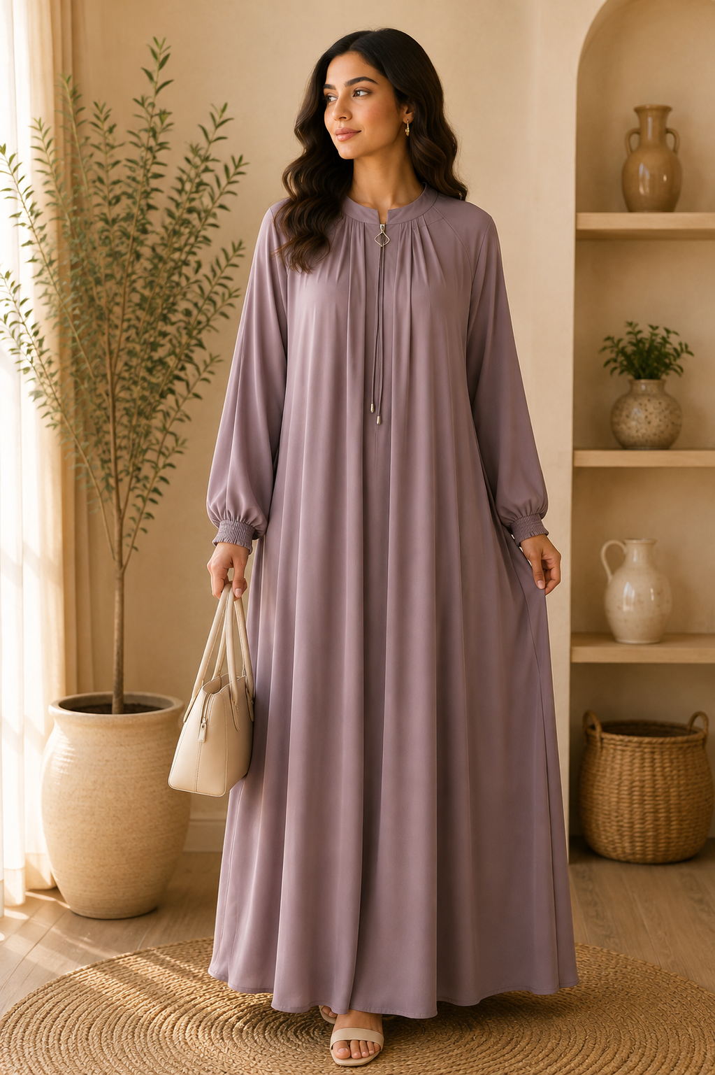 mauve-zip-front-turkish-abaya-with-smocked-cuffs