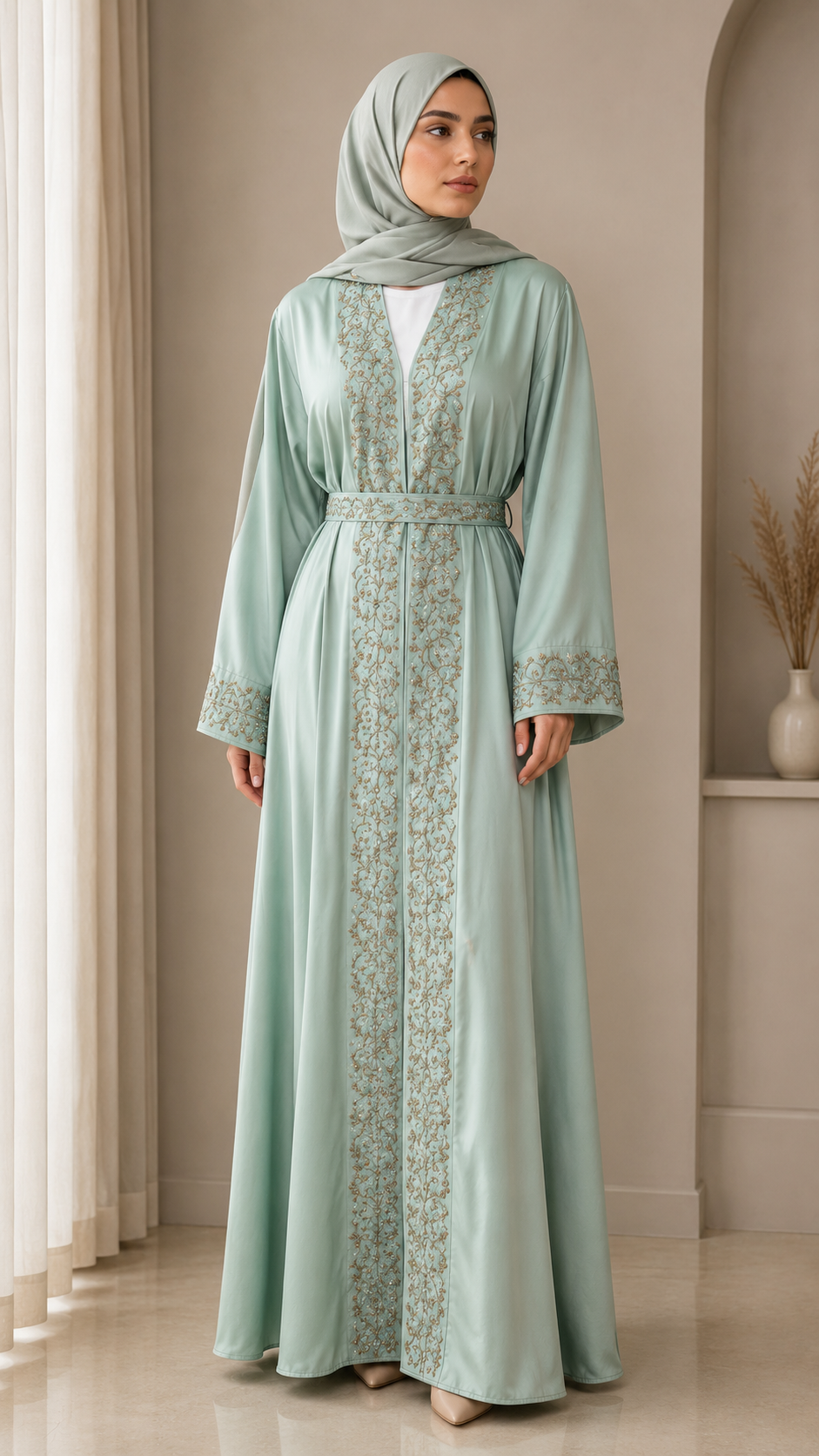 mint-belted-floral-trim-party-abaya