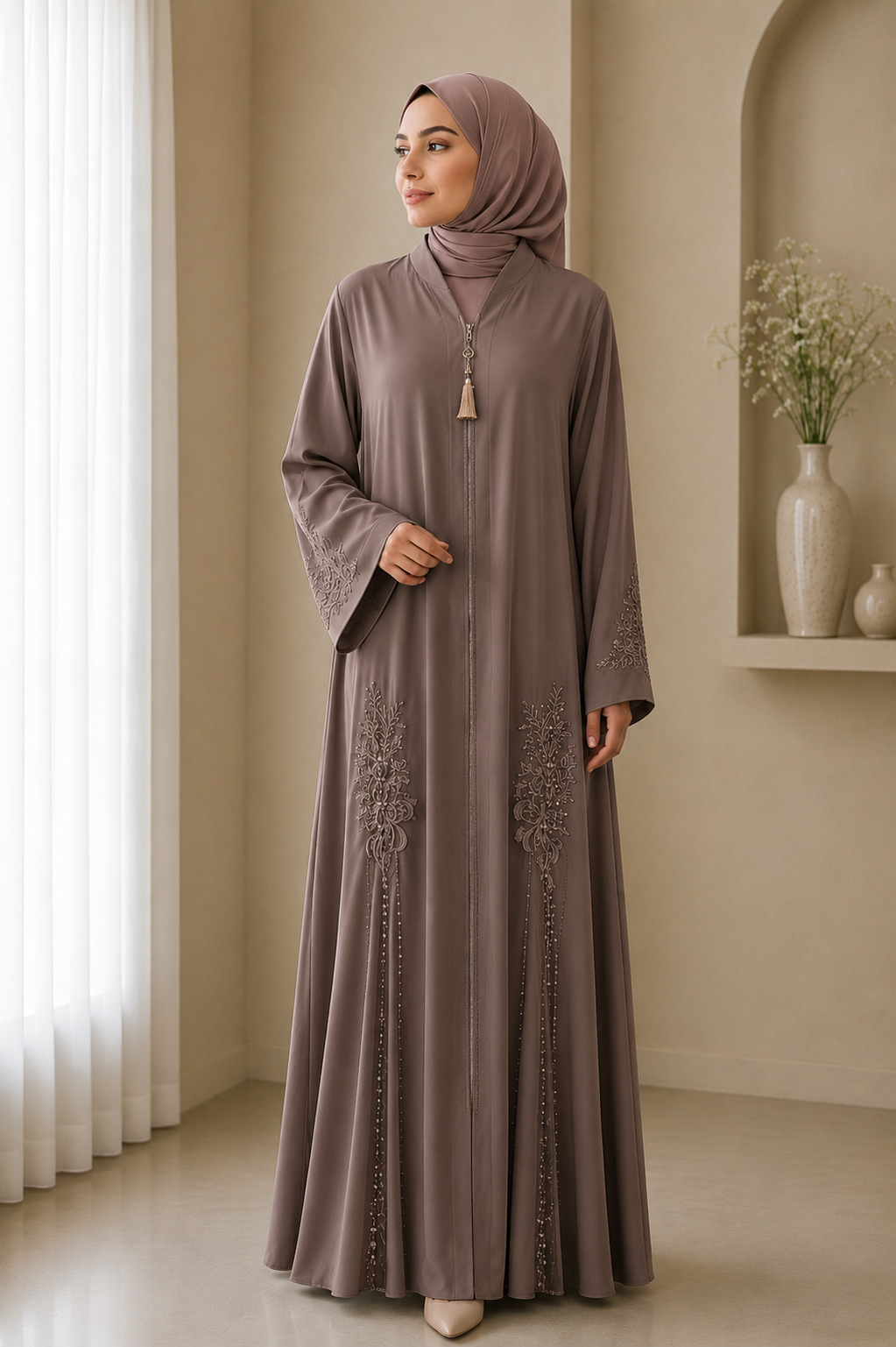mocha-zip-front-turkish-abaya-with-floral-panel-embroidery