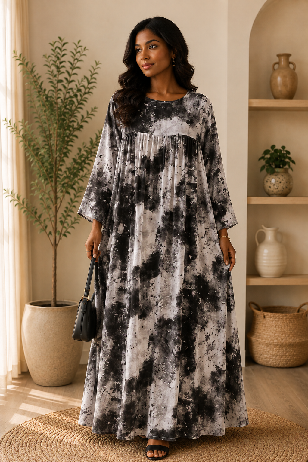 monochrome-tie-dye-gathered-summer-abaya