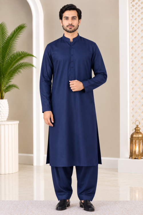 Navy Blue Classic Band Collar Thobe Set