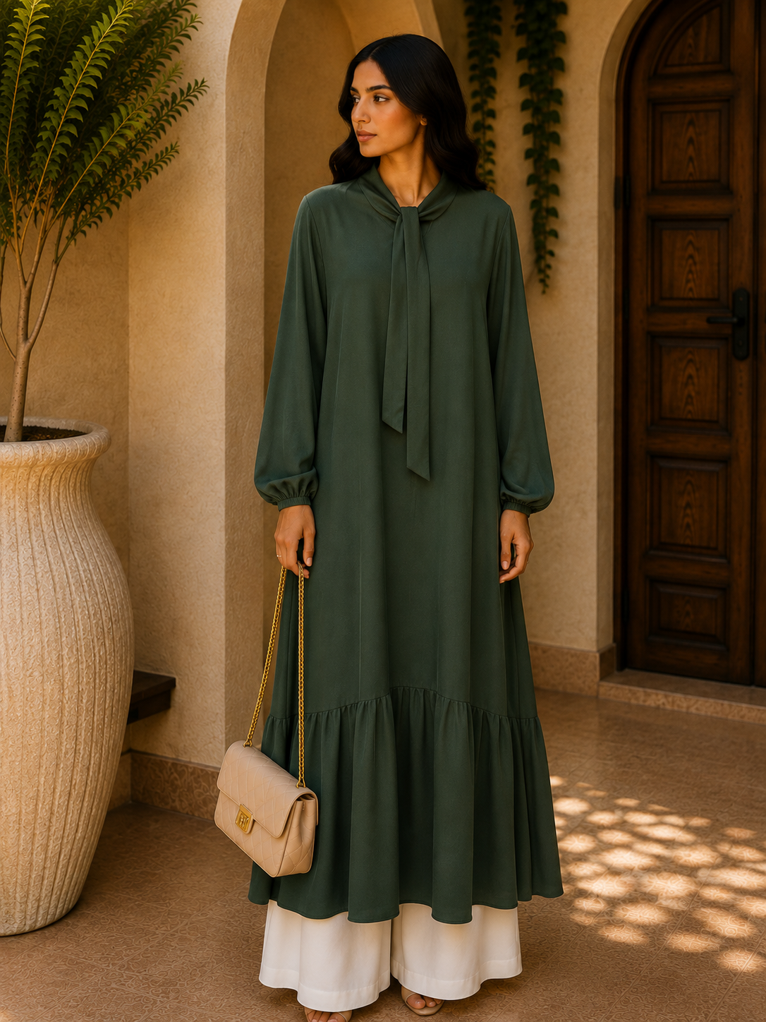 the-hunter-green-tie-neck-tiered-gelebya
