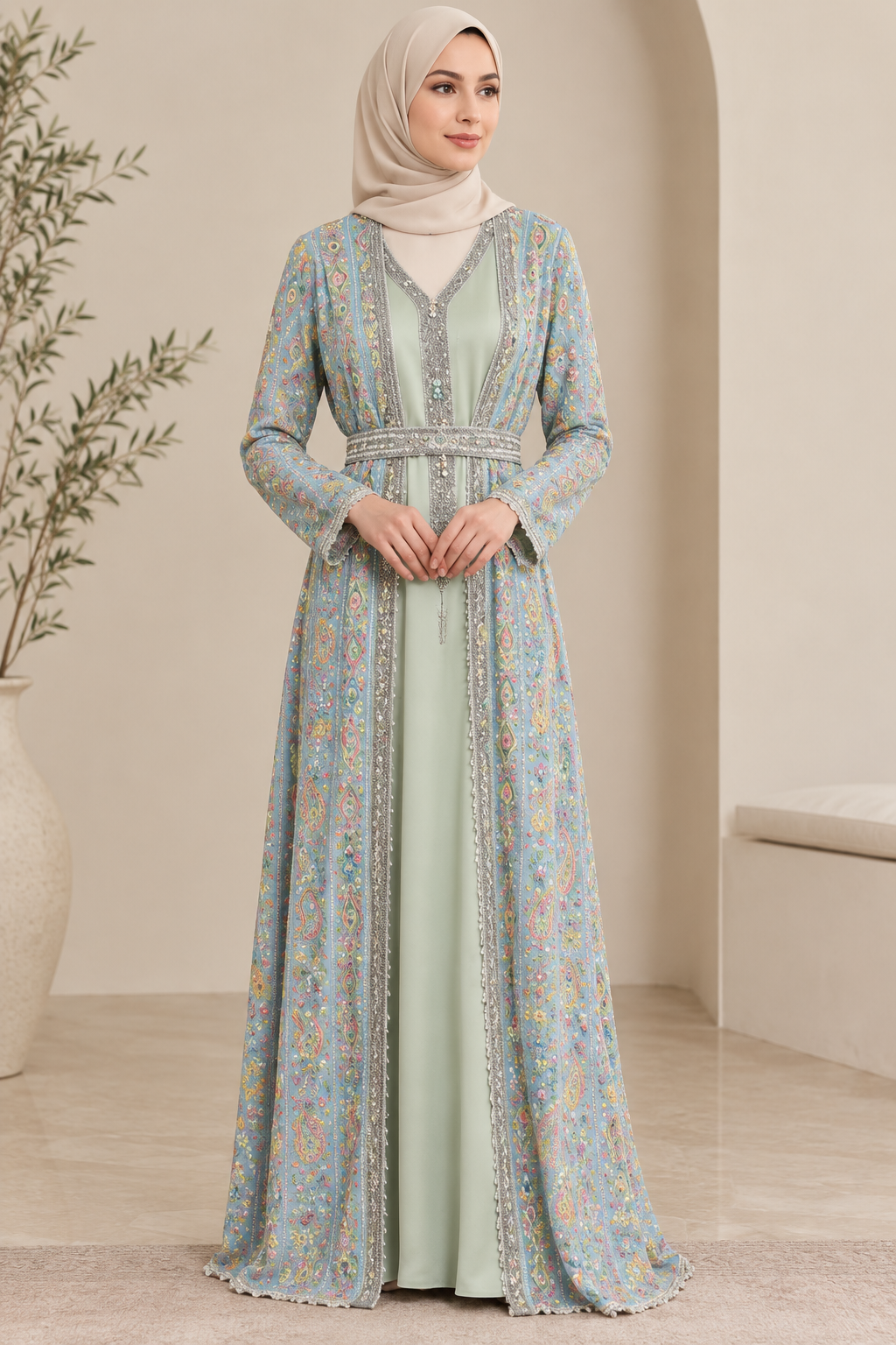 pistachio-garden-print-belted-layered-set